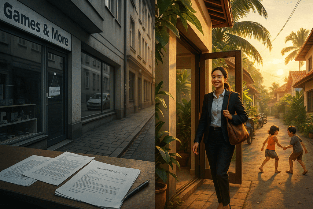 Fotorealistische Darstellung des Kontrasts zwischen einem geschlossenen Geschäft in Deutschland und einem Neuanfang in Indonesien – symbolisch für unsere Auswanderung nach Indonesien.