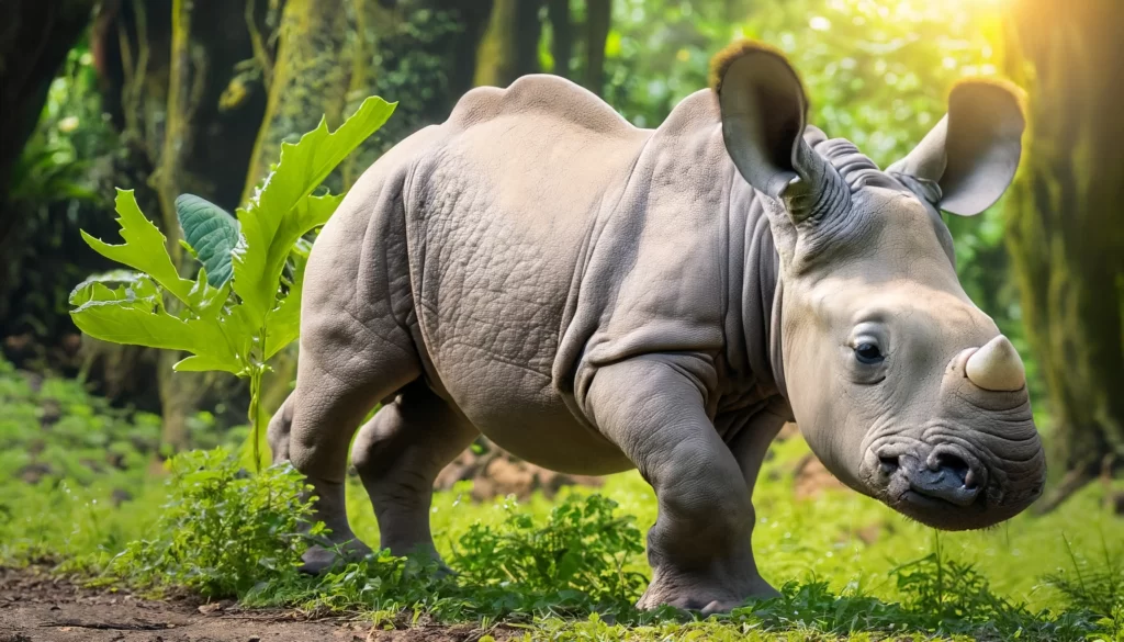 Ein neugeborenes Sumatra-Nashorn nimmt seine ersten Schritte inmitten eines üppig grünen Regenwaldes, während Sonnenlicht durch die Blätter filtert und die Hoffnung auf das Überleben dieser bedrohten Art symbolisiert.