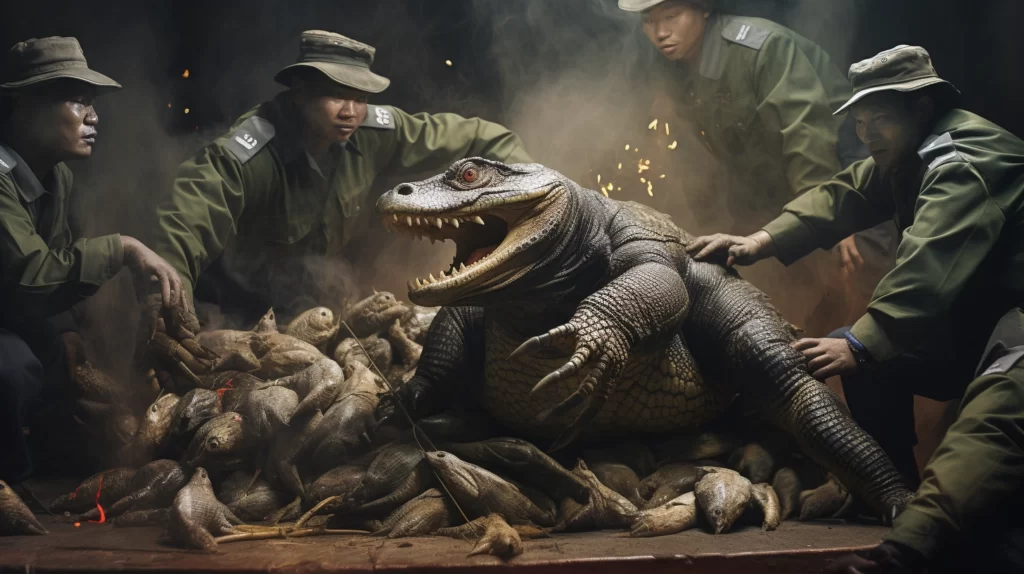 Ein beeindruckendes Bild, das die erfolgreiche Unterbrechung einer Schmuggel von Komodowaranen durch die Polizei zeigt.