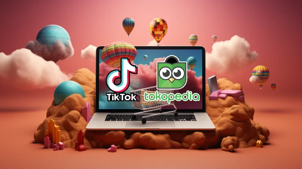 Eine Karte von Indonesien mit dem TikTok-Logo, das eine Barriere umgeht und 75% der Anteile von Tokopedia erwirbt.