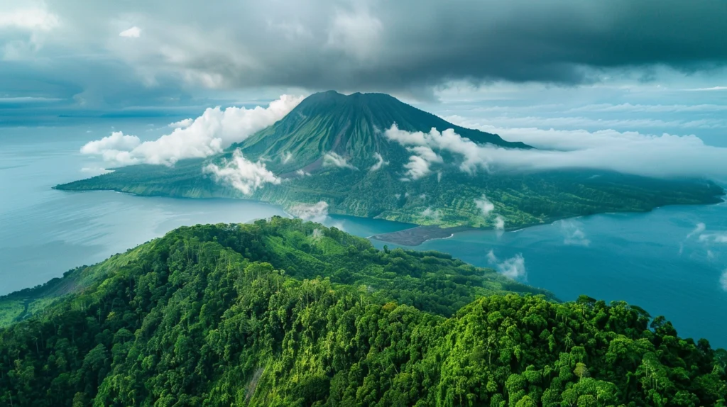 Majestätischer Blick auf den Krater des Ruang Vulkans, umgeben von üppigen tropischen Wäldern, nebelhaften Wolken und dem tiefblauen Meer der Insel Nord-Sulawesi.