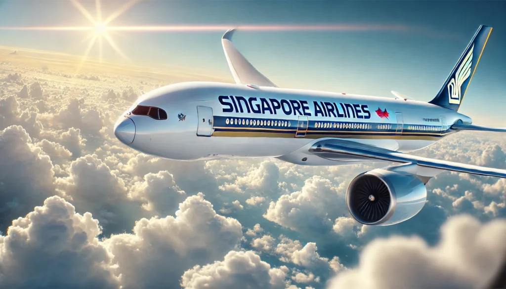 Singapore Airlines Flugzeug bei klarem Himmel, das eine angenehme Langstreckenflug-Erfahrung in der Economy Class vermittelt.