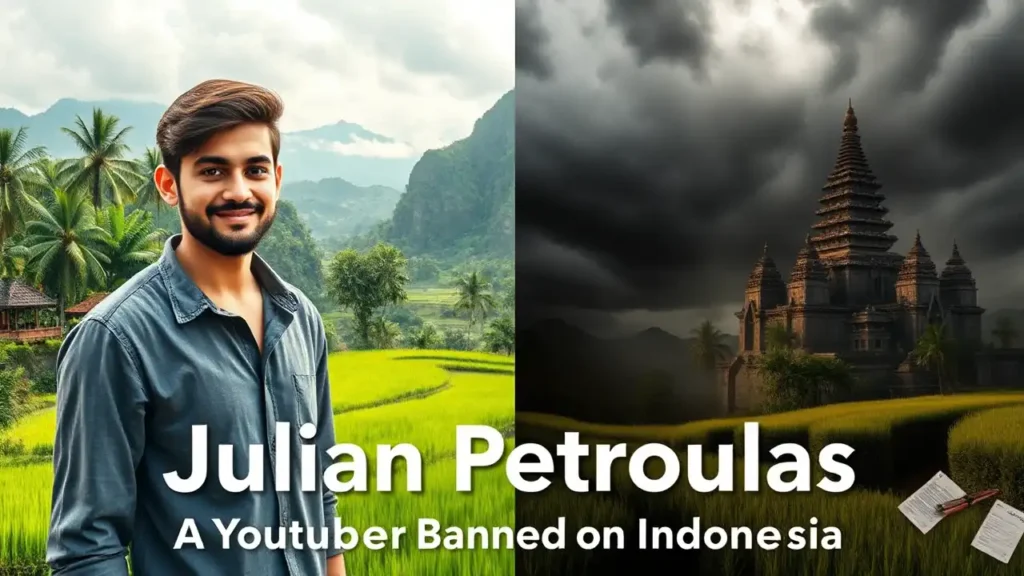 Julian Petroulas vor einem dramatischen balinesischen Hintergrund mit Tempeln und Reisfeldern, geteilt in eine helle, hoffnungsvolle und eine düstere, stürmische Atmosphäre, symbolisierend seinen Kampf gegen die Herausforderungen in Indonesien.