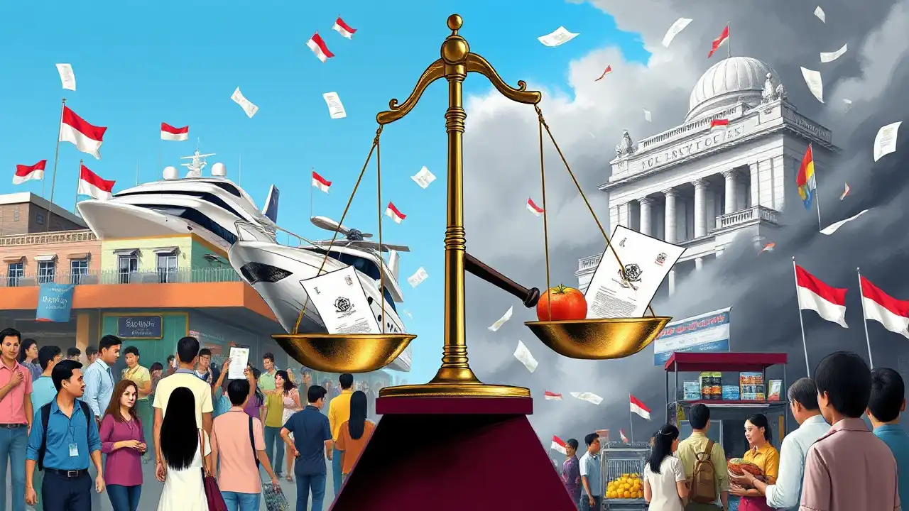 Chaos in der indonesischen Steuerpolitik: Die kurzfristige Rücknahme der Mehrwertsteuer-Erhöhung 1 Illustration zur chaotischen Steuerpolitik Indonesiens, mit einem ungleichgewichtigen Waage, die Luxusgüter und Grundnahrungsmittel darstellt.