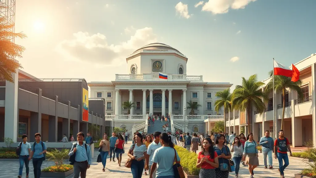 Ein fotorealistisches Bild zeigt einen modernen, indonesischen Universitätscampus, belebt von vielfältigen Studierenden, die akademischen Aktivitäten nachgehen. Im Hintergrund ist ein symbolisches Abbild einer russischen Bildungseinrichtung mit architektonischen Elementen russischer Kultur zu sehen. Die Atmosphäre spiegelt dynamischen Austausch und Lernen wider, während subtile Andeutungen geopolitischer Spannungen durch abstrakte Weltkarten oder politisch inspirierte Bilder vermittelt werden. Der klare, sonnige Himmel steht für Hoffnung und Potenzial und betont die Zusammenarbeit trotz der Komplexität internationaler Beziehungen.