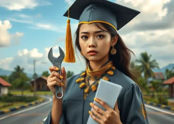 Unterbeschäftigung von Hochschulabsolventen: Was in der Bildung in Indonesien schiefläuft 21 Das Bild zeigt einen jungen indonesischen Absolventen in Talar und Doktorhut, der an einer Weggabelung steht. Der eine Weg führt zu einer lebhaften Stadtlandschaft mit Wolkenkratzern, die für Ehrgeiz und Potenzial steht, während der andere Weg zu einem einfachen Dorf mit bescheidenen Häusern führt, das Unterbeschäftigung symbolisiert. Der Absolvent blickt nachdenklich und hält in einer Hand ein Diplom und in der anderen ein Werkzeug, beispielsweise einen Schraubenschlüssel oder Besen, was die Diskrepanz zwischen Bildung und Arbeitsmöglichkeiten darstellt. Elemente der indonesischen Kultur, wie traditionelle Architektur oder lokale Pflanzen, sind zu sehen. Das Licht erzeugt einen dramatischen Kontrast zwischen den beiden Wegen und hebt das Dilemma des Absolventen hervor.