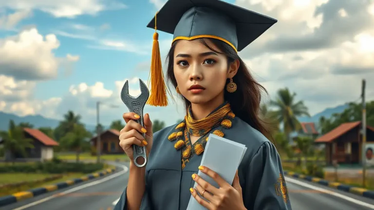 Unterbeschäftigung von Hochschulabsolventen: Was in der Bildung in Indonesien schiefläuft 17 Das Bild zeigt einen jungen indonesischen Absolventen in Talar und Doktorhut, der an einer Weggabelung steht. Der eine Weg führt zu einer lebhaften Stadtlandschaft mit Wolkenkratzern, die für Ehrgeiz und Potenzial steht, während der andere Weg zu einem einfachen Dorf mit bescheidenen Häusern führt, das Unterbeschäftigung symbolisiert. Der Absolvent blickt nachdenklich und hält in einer Hand ein Diplom und in der anderen ein Werkzeug, beispielsweise einen Schraubenschlüssel oder Besen, was die Diskrepanz zwischen Bildung und Arbeitsmöglichkeiten darstellt. Elemente der indonesischen Kultur, wie traditionelle Architektur oder lokale Pflanzen, sind zu sehen. Das Licht erzeugt einen dramatischen Kontrast zwischen den beiden Wegen und hebt das Dilemma des Absolventen hervor.