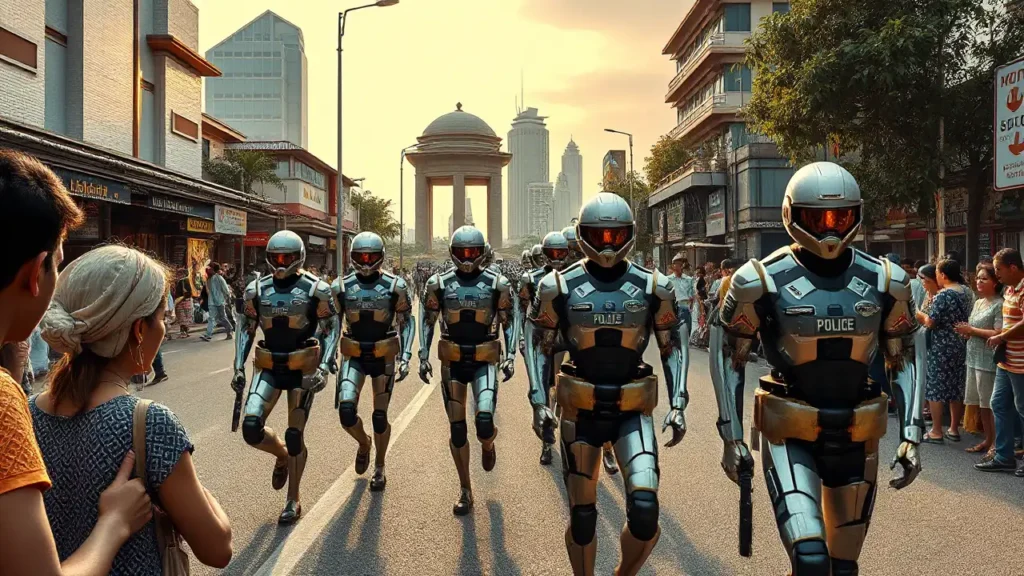 Ein futuristisches Szenario in Jakarta zeigt eine Parade humanoider Roboter-Polizeieinheiten in Uniformen der indonesischen Polizei. Die Roboter bewegen sich synchron durch eine neugierige Menschenmenge in der Nähe des Nationalmonuments, Monas. Die lebendige urbane Landschaft Jakartas bildet den Hintergrund, wobei der Kontrast zwischen fortschrittlicher Technologie und traditioneller Stadtansicht hervorgehoben wird. Die Atmosphäre weckt Neugier und Nachdenken über die Rolle von Technologie in der öffentlichen Sicherheit.