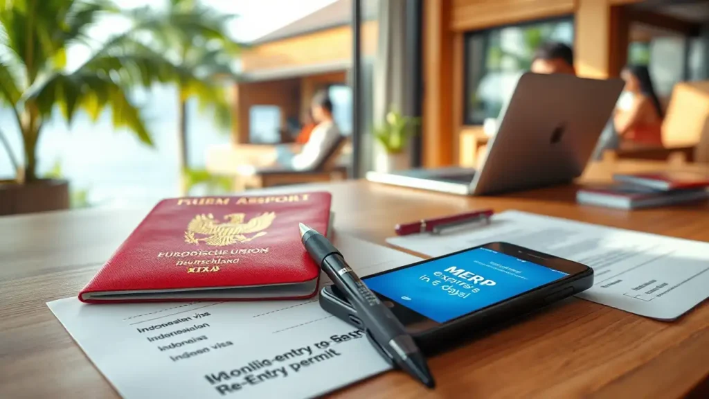 Deutscher Reisepass mit indonesischem KITAS-Visum und MERP-Stempel auf einem Holztisch, daneben ein Visumantrag und ein Smartphone mit MERP-Erinnerung – im Hintergrund ein digitaler Nomade in einer tropischen Villa.