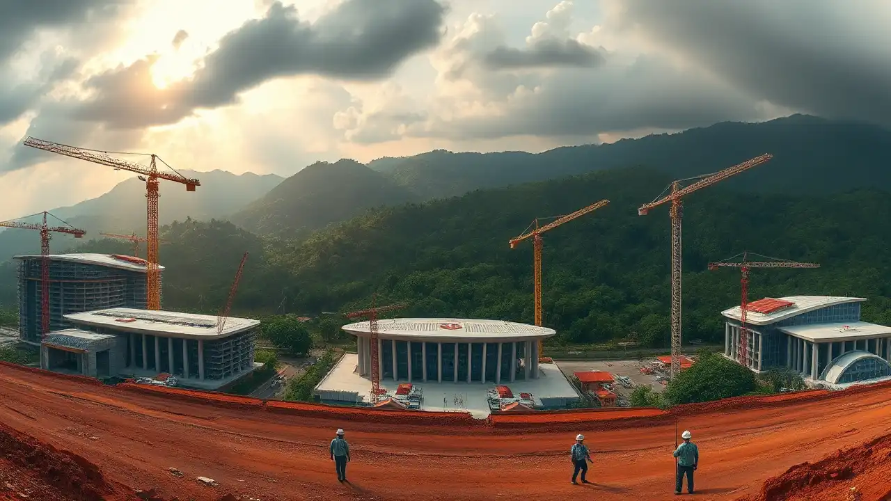 Baustelle von Nusantara mit futuristischen Regierungsgebäuden im Bau, umgeben von Regenwald und Baukränen.