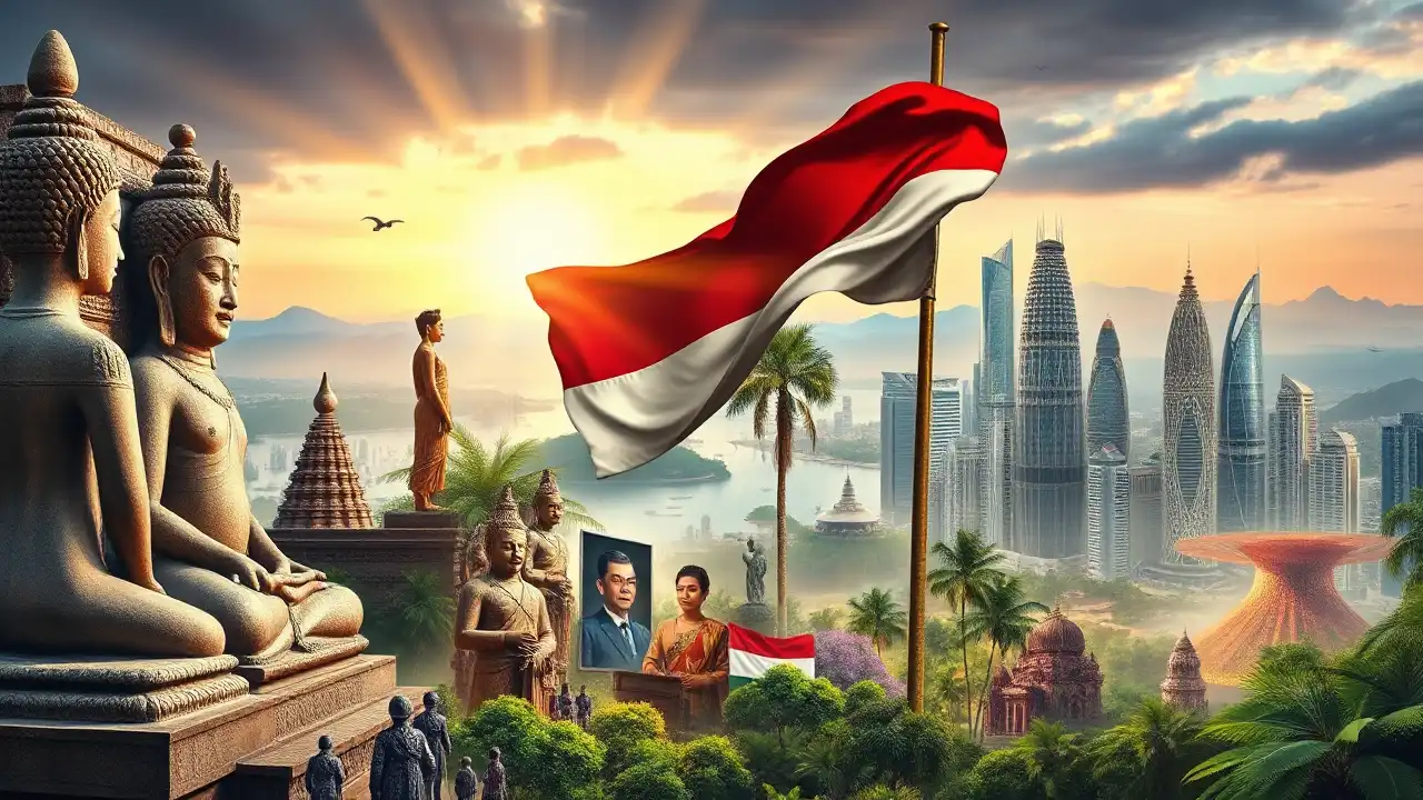 Collage zur Indonesien Geschichte: Frühmensch, hinduistische und buddhistische Tempel, Kolonialzeit, Sukarno, Suharto, moderne Städte und Zukunft.