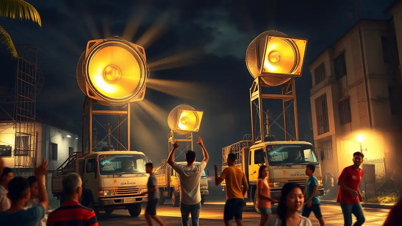 Sound Horeg Indonesien – Lautsprecher-Türme bei Straßenpartys in Ostjava. Titel: Sound Horeg Indonesien: Streit um ohrenbetäubende Straßenpartys