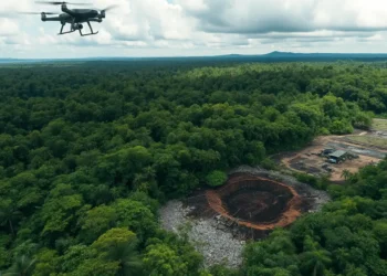 Indonesien startet Durchgreifen gegen illegalen Bergbau in Wäldern 17 Luftaufnahme eines dichten indonesischen Regenwaldes, in dem illegale Bergbauaktivitäten sichtbar sind. Kleine Lichtungen mit freiliegendem Boden und verstreuter Bergbauausrüstung durchziehen das Gebiet. Im Hintergrund patrouilliert eine Gruppe bewaffneter Regierungsbeamter und Mitglieder der örtlichen Gemeinschaft, was auf das Vorgehen gegen illegale Aktivitäten hinweist. Ein hochmodernes Überwachungsdrohne schwebt darüber, um Bildmaterial zu sammeln. Der satten Grün des Waldes steht im starken Kontrast zu den kargen Bergbaustellen, was die Umweltauswirkungen verdeutlicht. Der Himmel ist teilweise bewölkt, was eine hoffnungsvolle, aber herausfordernde Reise zur Wiederherstellung der natürlichen Landschaft andeutet.