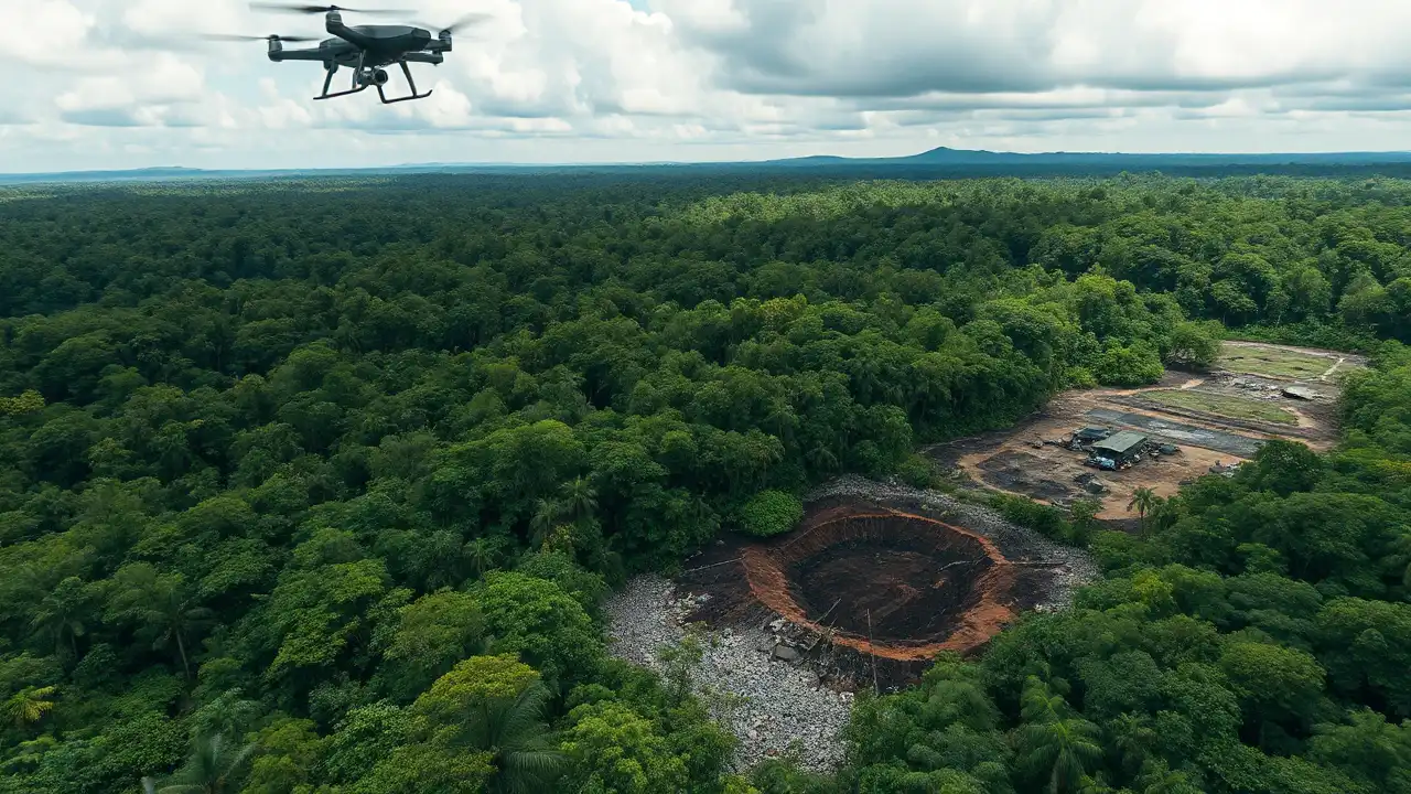 Luftaufnahme eines dichten indonesischen Regenwaldes, in dem illegale Bergbauaktivitäten sichtbar sind. Kleine Lichtungen mit freiliegendem Boden und verstreuter Bergbauausrüstung durchziehen das Gebiet. Im Hintergrund patrouilliert eine Gruppe bewaffneter Regierungsbeamter und Mitglieder der örtlichen Gemeinschaft, was auf das Vorgehen gegen illegale Aktivitäten hinweist. Ein hochmodernes Überwachungsdrohne schwebt darüber, um Bildmaterial zu sammeln. Der satten Grün des Waldes steht im starken Kontrast zu den kargen Bergbaustellen, was die Umweltauswirkungen verdeutlicht. Der Himmel ist teilweise bewölkt, was eine hoffnungsvolle, aber herausfordernde Reise zur Wiederherstellung der natürlichen Landschaft andeutet.