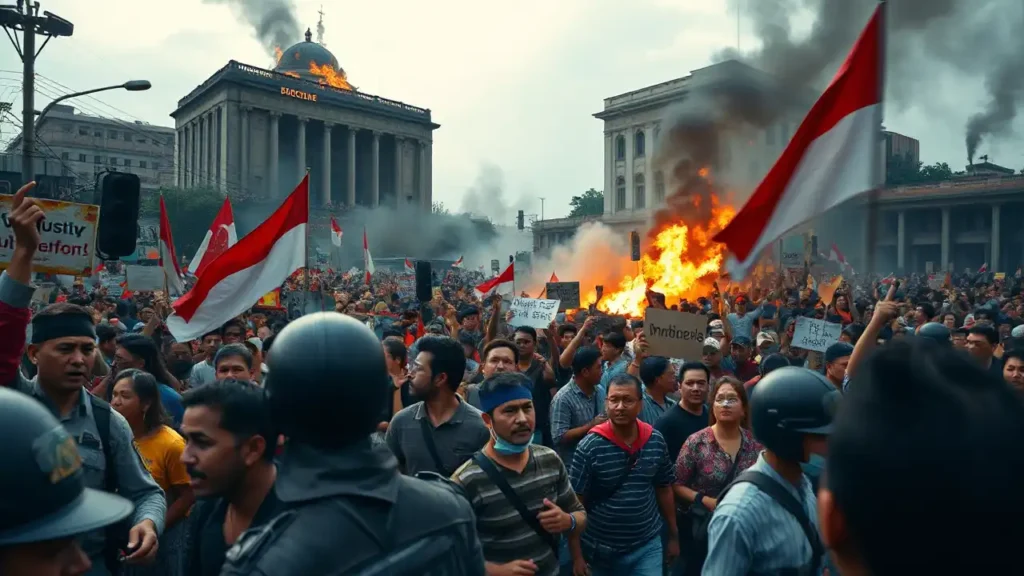 Photorealistische Darstellung von Proteste in Indonesien: Menschenmengen in Jakarta mit Bannern und Flaggen, Polizei in Konfrontation vor brennendem Regierungsgebäude.