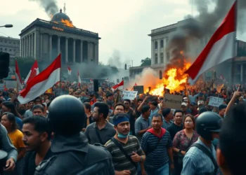 Massive Proteste in Indonesien: Ursachen, Forderungen und mögliche Folgen 16 Photorealistische Darstellung von Proteste in Indonesien: Menschenmengen in Jakarta mit Bannern und Flaggen, Polizei in Konfrontation vor brennendem Regierungsgebäude.