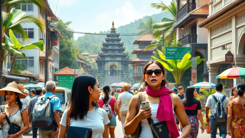 Das Bild zeigt eine fotorealistische, belebte Straße auf Bali, die von Touristen erkundet wird. Im Vordergrund ist eine diverse Gruppe von Reisenden zu sehen, die jeweils unauffällig ihre Reisepässe in sicheren Aufbewahrungsmöglichkeiten wie Halsbeuteln oder versteckten Reisegeldbörsen tragen. Die Umgebung ist geprägt von üppigem tropischem Grün und traditioneller balinesischer Architektur, was die kulturelle Fülle der Region unterstreicht. Die Atmosphäre wirkt einladend, während subtil auf die Wichtigkeit von Reisevorbereitung und rechtlichem Bewusstsein hingewiesen wird, insbesondere im Hinblick auf die Reisepasspflicht für Touristen auf Bali.