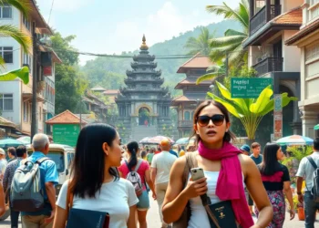 Reisepasspflicht für Touristen auf Bali: Warum Sie Ihren Reisepass immer bei sich tragen sollten 15 Das Bild zeigt eine fotorealistische, belebte Straße auf Bali, die von Touristen erkundet wird. Im Vordergrund ist eine diverse Gruppe von Reisenden zu sehen, die jeweils unauffällig ihre Reisepässe in sicheren Aufbewahrungsmöglichkeiten wie Halsbeuteln oder versteckten Reisegeldbörsen tragen. Die Umgebung ist geprägt von üppigem tropischem Grün und traditioneller balinesischer Architektur, was die kulturelle Fülle der Region unterstreicht. Die Atmosphäre wirkt einladend, während subtil auf die Wichtigkeit von Reisevorbereitung und rechtlichem Bewusstsein hingewiesen wird, insbesondere im Hinblick auf die Reisepasspflicht für Touristen auf Bali.
