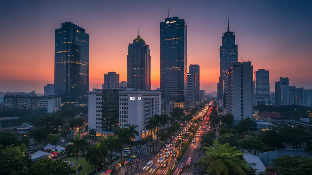 Ein fotorealistisches Bild zeigt ein geschäftiges Finanzviertel in Jakarta, Indonesien, bei Sonnenuntergang. Die moderne Skyline, dominiert von Wolkenkratzern, spiegelt die lebhaften Farben der untergehenden Sonne wider. Im Vordergrund steht das indonesische Börsengebäude, das für wirtschaftliches Wachstum steht. Belebte Straßen mit Menschen und Fahrzeugen vermitteln dynamische wirtschaftliche Aktivität. Zwischen den Gebäuden sind üppiges Grün und tropische Pflanzen zu sehen, die die natürliche Schönheit Indonesiens hervorheben. Die Szene fängt den Optimismus und die positive Dynamik der indonesischen Wirtschaft ein, beeinflusst durch kürzlich erfolgte Regierungsreformen und die Kürzung der Parlamentszuschüsse.