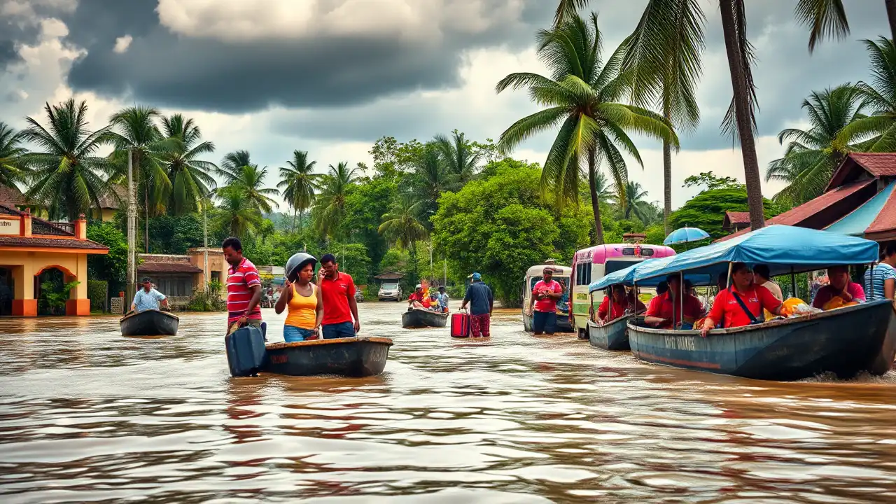 Touristen werden in Bali von Rettungskräften aus einem überfluteten Straßenzug evakuiert.