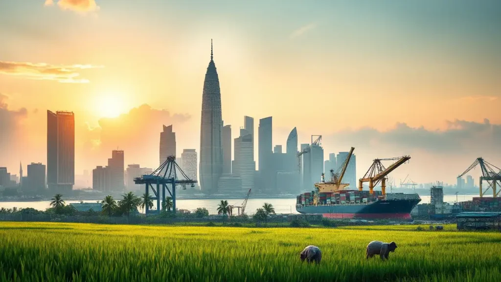 Indonesiens Konjunkturpaket 2025 mit Symbolen für Wirtschaftswachstum, Landwirtschaft, Infrastruktur und Digitalisierung.