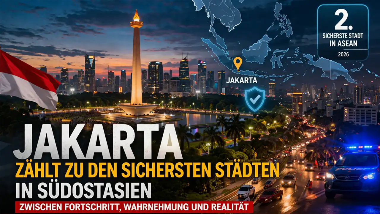 Jakarta zählt zu den sichersten Städten in Südostasien – Realität oder politisches Narrativ? 1 Jakarta Skyline mit Monas und Stadtverkehr bei Nacht – Jakarta sicherste Stadt ASEAN im Fokus des Rankings