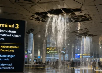 Wassermassen brechen durch Decke im Terminal 3 des Soekarno-Hatta Flughafens – ein alarmierender Vorfall 22 Flughafen Jakarta Wasserschaden Terminal 3 – Wasser bricht durch die Decke im Terminal und überflutet den Innenbereich