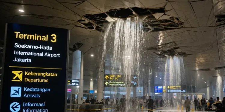 Wassermassen brechen durch Decke im Terminal 3 des Soekarno-Hatta Flughafens – ein alarmierender Vorfall 11 Flughafen Jakarta Wasserschaden Terminal 3 – Wasser bricht durch die Decke im Terminal und überflutet den Innenbereich