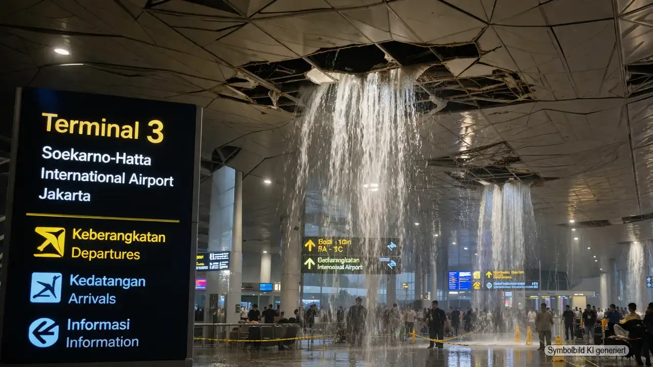 Wassermassen brechen durch Decke im Terminal 3 des Soekarno-Hatta Flughafens – ein alarmierender Vorfall 1 Flughafen Jakarta Wasserschaden Terminal 3 – Wasser bricht durch die Decke im Terminal und überflutet den Innenbereich
