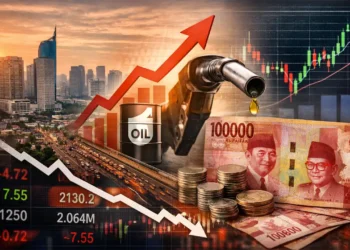 Was die neue Wachstumsprognose wirklich bedeutet 22 Wirtschaft Indonesien 2026: Jakarta Skyline, steigende Ölpreise, Rupiah und fallende Börsenkurse als Symbol für wirtschaftliche Entwicklung
