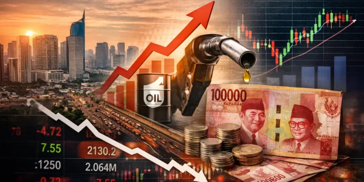 Was die neue Wachstumsprognose wirklich bedeutet 11 Wirtschaft Indonesien 2026: Jakarta Skyline, steigende Ölpreise, Rupiah und fallende Börsenkurse als Symbol für wirtschaftliche Entwicklung