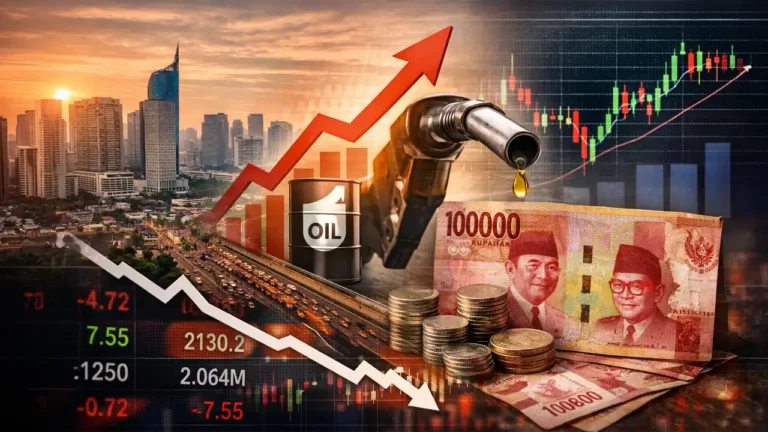 Was die neue Wachstumsprognose wirklich bedeutet 11 Wirtschaft Indonesien 2026: Jakarta Skyline, steigende Ölpreise, Rupiah und fallende Börsenkurse als Symbol für wirtschaftliche Entwicklung
