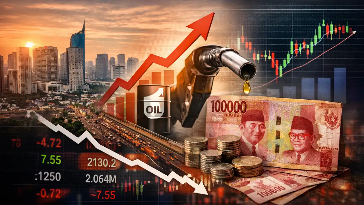 Was die neue Wachstumsprognose wirklich bedeutet 1 Wirtschaft Indonesien 2026: Jakarta Skyline, steigende Ölpreise, Rupiah und fallende Börsenkurse als Symbol für wirtschaftliche Entwicklung