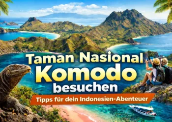 Taman Nasional Komodo besuchen – Panorama mit Padar Island, Komodowaran und türkisfarbenem Meer als Reiseziel in Indonesien