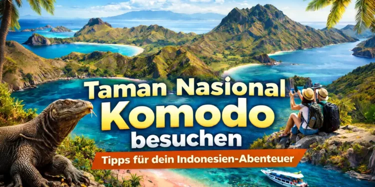 Taman Nasional Komodo besuchen – Panorama mit Padar Island, Komodowaran und türkisfarbenem Meer als Reiseziel in Indonesien