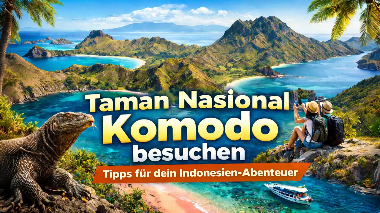 Taman Nasional Komodo besuchen – Panorama mit Padar Island, Komodowaran und türkisfarbenem Meer als Reiseziel in Indonesien