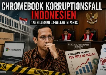 Chromebook Korruptionsfall Indonesien: Darstellung eines Gerichtsprozesses mit Chromebooks, Google-Bezug und Korruptionsvorwürfen im Bildungsministerium