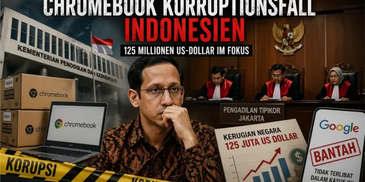 Chromebook Korruptionsfall Indonesien: Darstellung eines Gerichtsprozesses mit Chromebooks, Google-Bezug und Korruptionsvorwürfen im Bildungsministerium