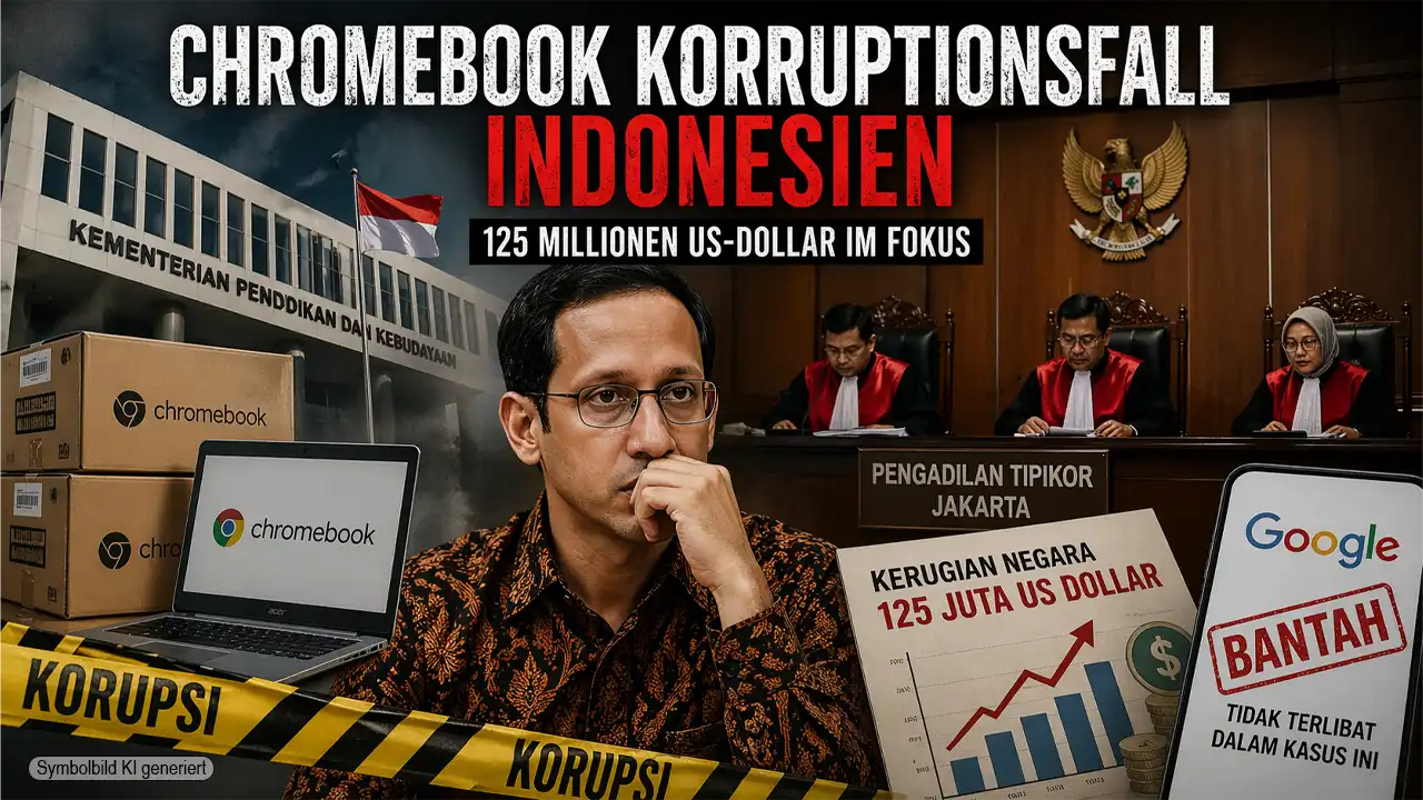Chromebook Korruptionsfall Indonesien: Darstellung eines Gerichtsprozesses mit Chromebooks, Google-Bezug und Korruptionsvorwürfen im Bildungsministerium