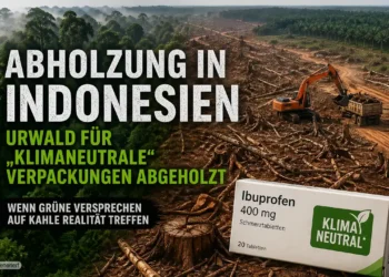 Abholzung Indonesien klimaneutrale Verpackungen zeigt zerstörten Regenwald und Greenwashing bei Medikamentenverpackungen