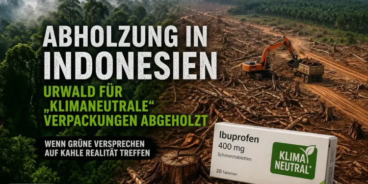 Abholzung Indonesien klimaneutrale Verpackungen zeigt zerstörten Regenwald und Greenwashing bei Medikamentenverpackungen