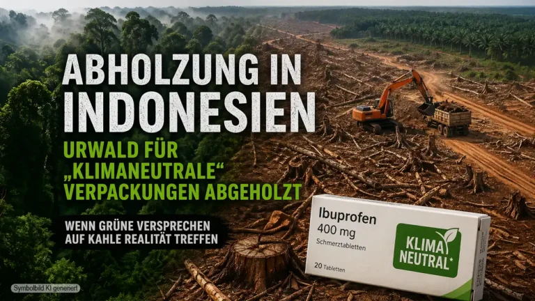 Abholzung Indonesien „klimaneutrale Verpackungen“: Der Widerspruch hinter grünen Versprechen 9 Abholzung Indonesien klimaneutrale Verpackungen zeigt zerstörten Regenwald und Greenwashing bei Medikamentenverpackungen