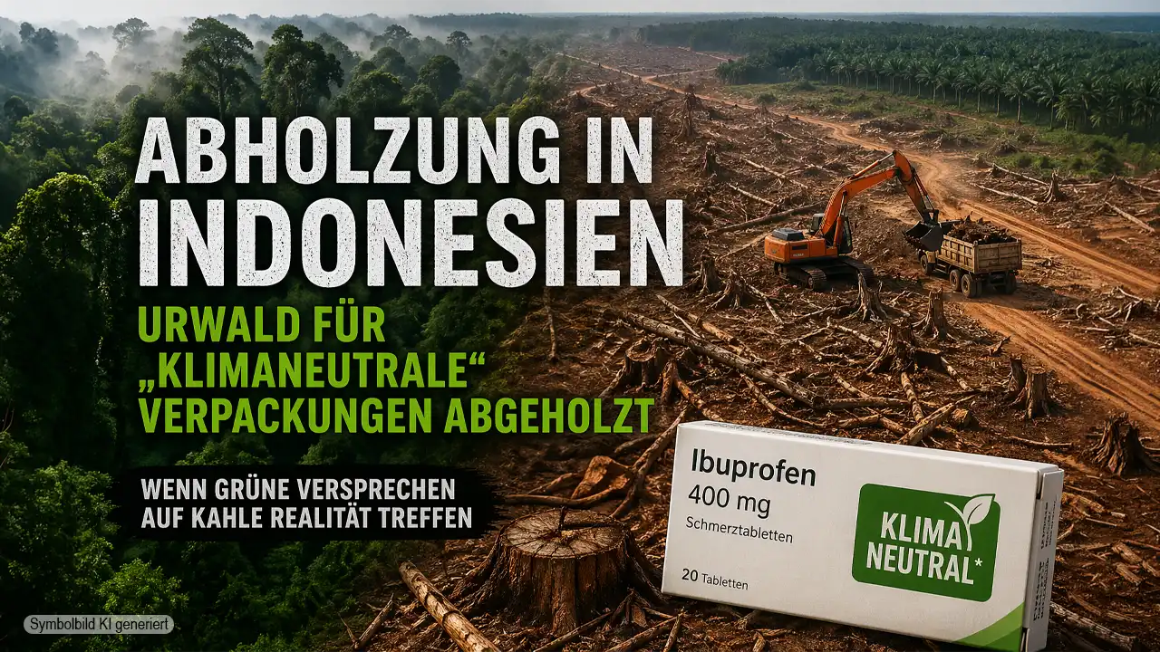Abholzung Indonesien klimaneutrale Verpackungen zeigt zerstörten Regenwald und Greenwashing bei Medikamentenverpackungen