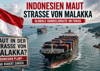 Indonesien Maut Straße von Malakka mit Containerschiff auf globaler Handelsroute