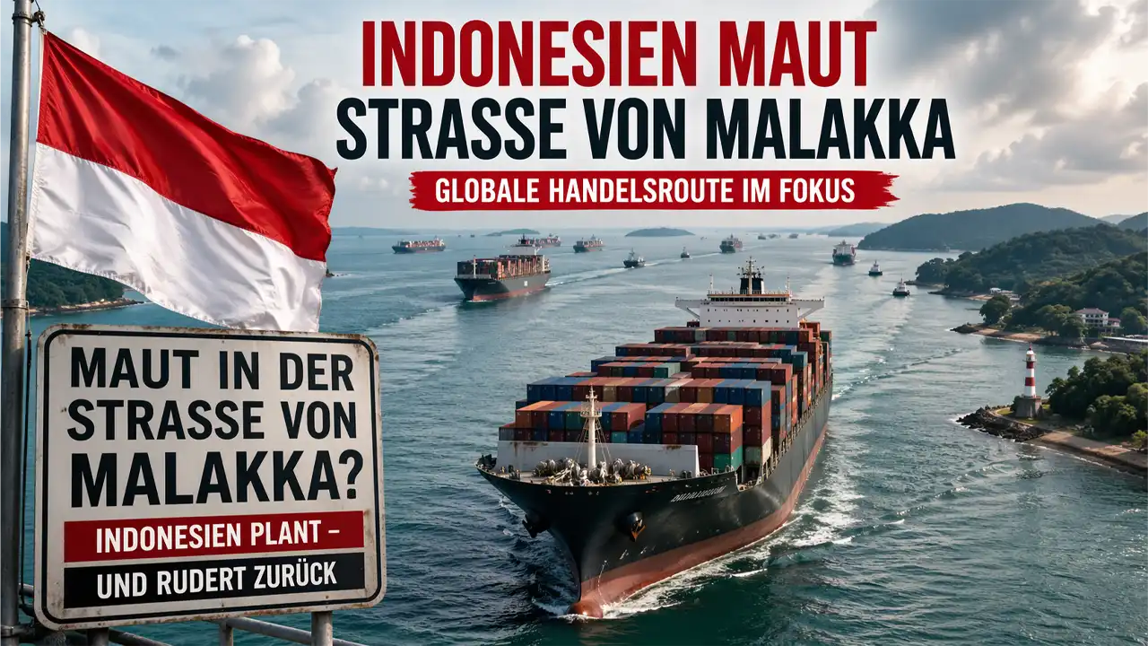 Indonesien Maut Straße von Malakka mit Containerschiff auf globaler Handelsroute