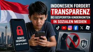 Indonesien Social Media Kinderkonten: Kind schaut auf Smartphone mit gesperrtem Konto vor Indonesien-Flagge, Symbol für neue Regulierung