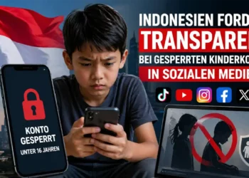 Indonesien Social Media Kinderkonten: Kind schaut auf Smartphone mit gesperrtem Konto vor Indonesien-Flagge, Symbol für neue Regulierung