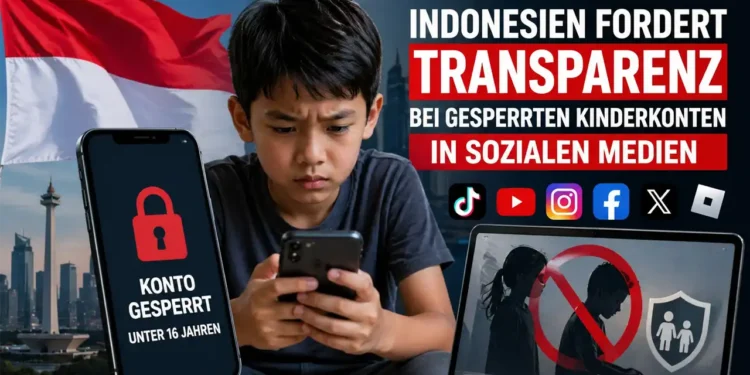 Indonesien Social Media Kinderkonten: Kind schaut auf Smartphone mit gesperrtem Konto vor Indonesien-Flagge, Symbol für neue Regulierung