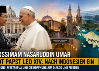 Papst Leo XIV Indonesien: Großimam Nasaruddin Umar trifft den Papst im Vatikan vor einer Darstellung von Jakarta und Westpapua.
