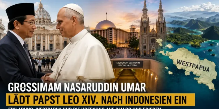 Papst Leo XIV Indonesien: Großimam Nasaruddin Umar trifft den Papst im Vatikan vor einer Darstellung von Jakarta und Westpapua.